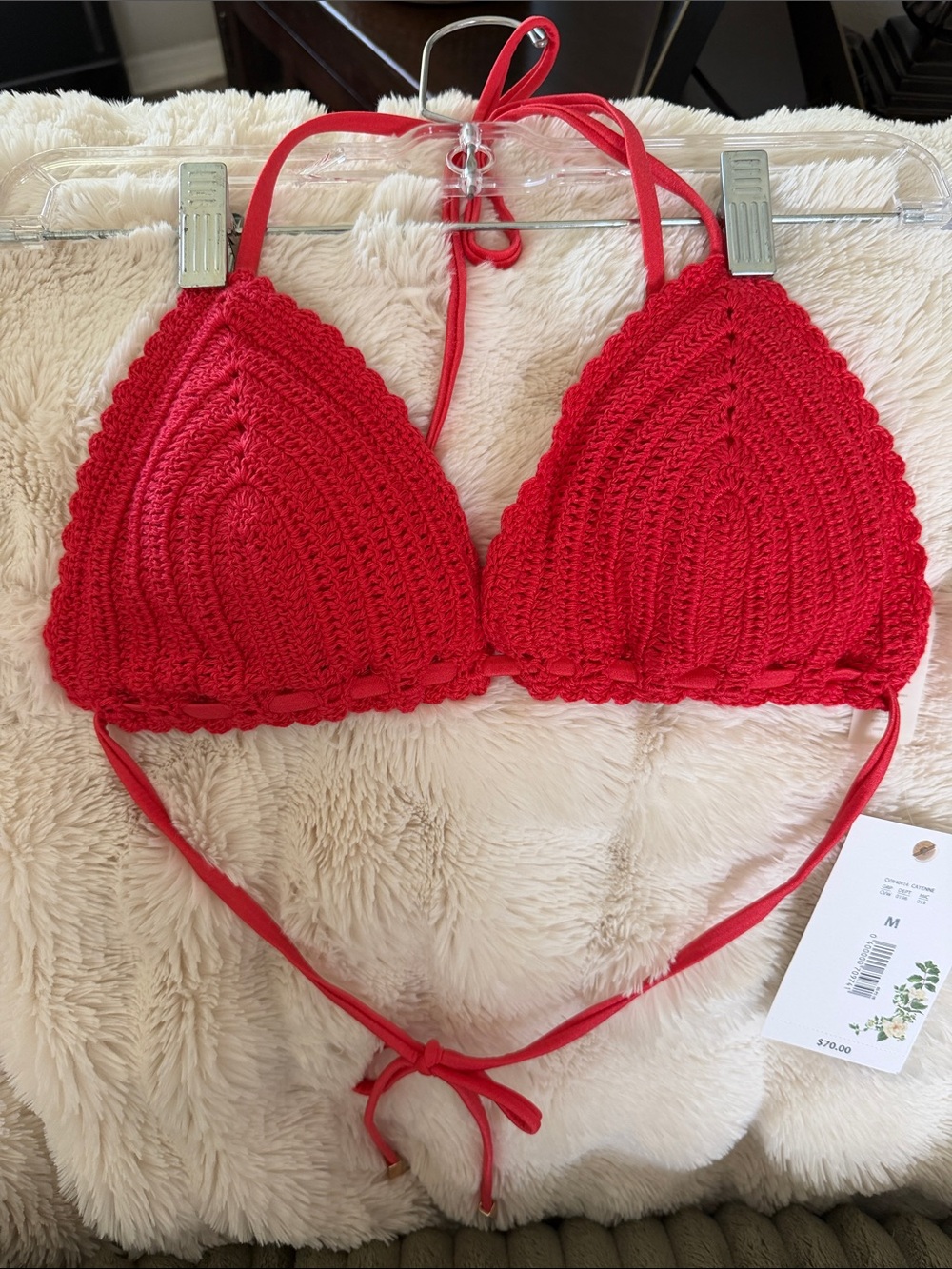 Coral Colored Crochet Triangle Bikini Top -